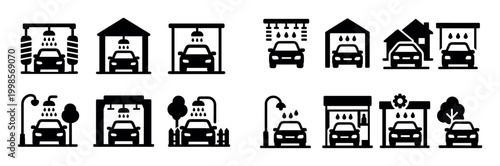 Vehicle wash icons with car garage shower minimal
