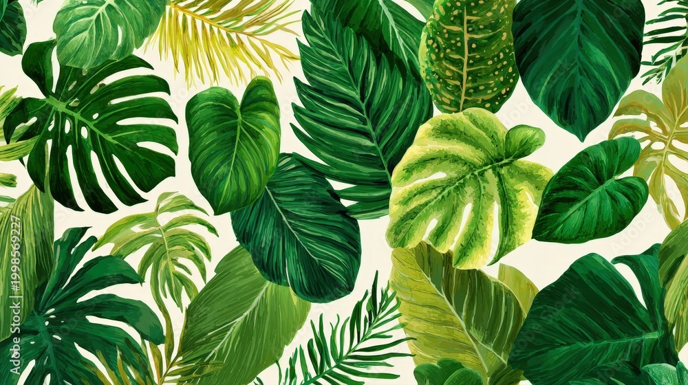 Fototapeta premium Vibrant tropical leaves pattern featuring a variety of exotic foliage like monstera and palm fronds in rich green and lime hues, hand-painted watercolor style on a clean light cream background