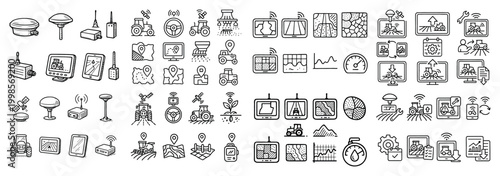 Agriculture icons with tractor drone sensor flat