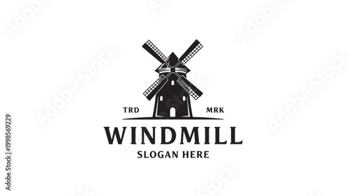 Mill wind turbine logo with crossed blades and vintage farmhouse style, suitable for premium wind energy branding and signage