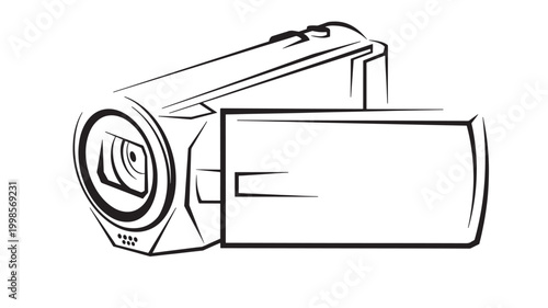 Camera lens and shutter mechanism sketch icon with premium style and 3D perspective lines on clean white background featuring outline, vector, line