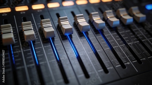 Graphic Equalizer Sliders – Macro Close-Up of Audio Control Panel, Minimal Interface Design, Sound Adjustment System, Modern Music Technology Background