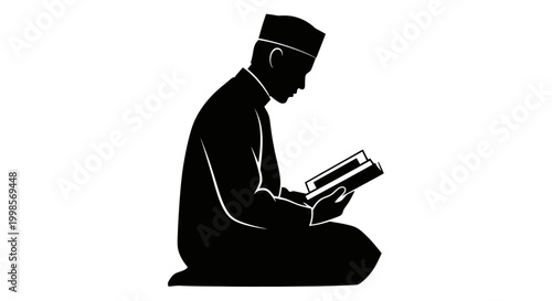Eid ul Adha Man reading book, sitting, Muslim priest silhouette, black icon, simple illustration isolated on White Background vector