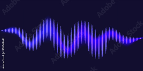 Sound wave line background, abstract colored equalizer with light effect, voice audio assistant, purple energy pulse beat. Vector soundwave illustration.