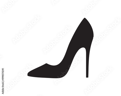 Minimalist black silhouette of a high-heeled stiletto shoe with pointed toe and tall narrow heel, symbolizing fashion, elegance, and style on white background
