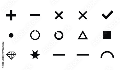 Collection of black geometric and mathematical symbols cross checkmark plus