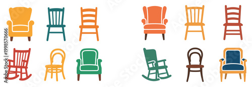 Furniture icons with chair armchair rocking colorful flat
