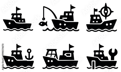 Nautical icons with boat flag anchor solid