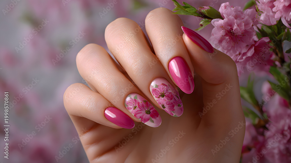 Fototapeta premium Pink floral manicure close up, Glossy almond nails with blossom art, Female hand near spring flowers, Beauty salon concept, Soft pastel background, Selective focus