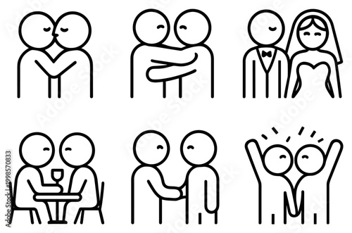 Romance icons with kissing couple bride groom outline