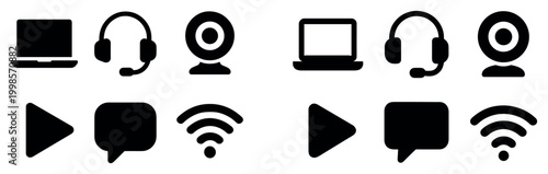 Technology icons with laptop headset webcam minimal