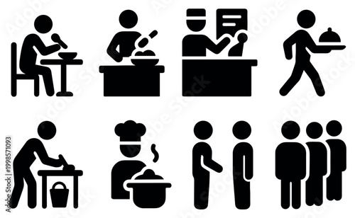 Restaurant icons with chef waiter and bowl solid glyph