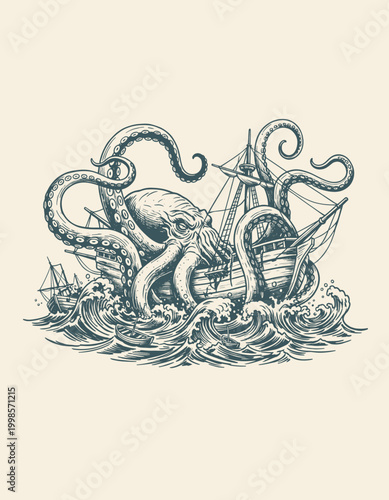 Vintage Kraken Sea Monster Attacking Sailing Ship Engraving