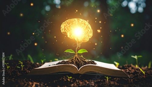 Book with plant and glowing brain, symbolizing wisdom and growth of knowledge.