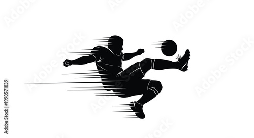 Dynamic silhouette of a soccer player kicking a ball with motion lines conveying speed