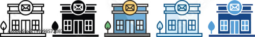 Set of pixel perfect colored Post office icon, Silhouette, Unexpanded, Icon of a post office building with envelope. A post office building with a red mailbox in front of it. winter post office.