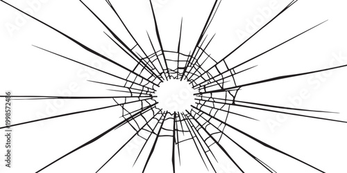 Broken glass texture with a bullet hole impact pattern in black and white