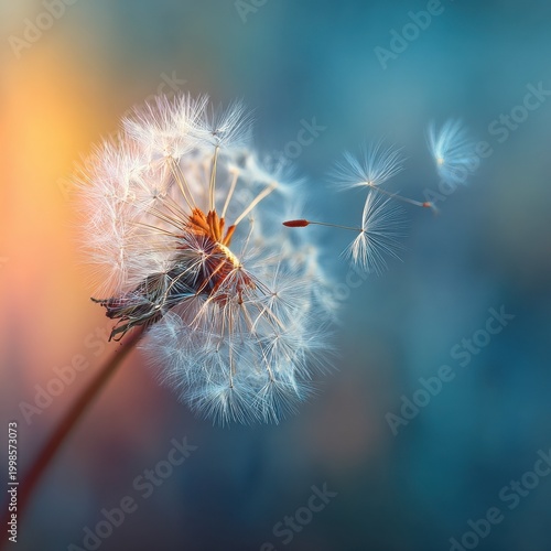 Macro Shot of Dandelion Seeds Dispersing in the Wind with Soft Pastel Bokeh Background in Natural Light