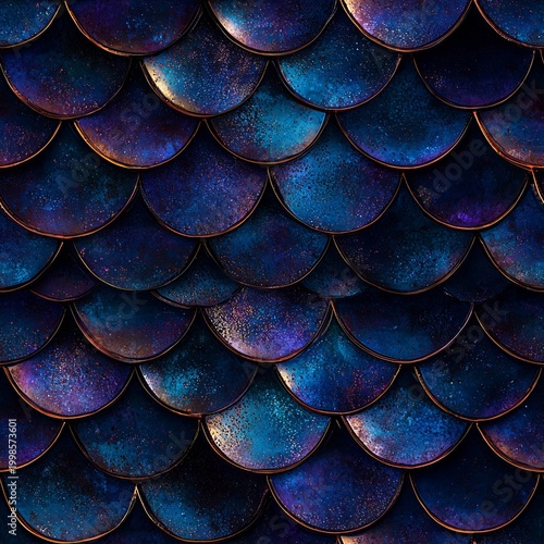 Seamless pattern of dark bioluminescent mermaid scales capturing deep ocean mystery.