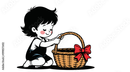 Young child playing with a basket bow on a transparent background  