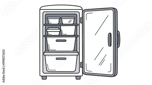 Refrigerator with clear containers and open door on a transparent background  