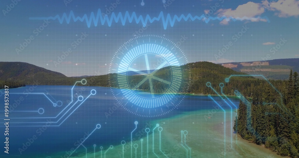 Fototapeta premium Hovering digital circular interface overlaying center of lake, showing HUD and pine peninsula