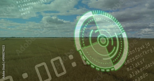 Projecting green HUD radar scanning flat farm plain, showing pale-gray timer and code, copy space