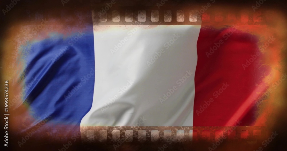 Fototapeta premium Showing vertical tricolor flag creasing in studio, sprocket-holes, burnt-grunge, light-shadowing