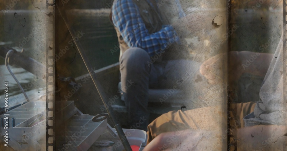 Fototapeta premium Fishing two men wearing blue plaid, grey top in small boat, handling tackle box, filmstrip borders