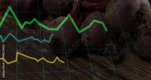 Displaying beetroots resting on rustic board, overlaying grid with green cyan yellow graphs