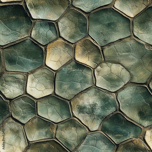 Seamless pattern of hexagonal olive turtle shell scutes showing a hard organic texture.