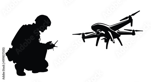 Soldier operating a drone with a remote control black silhouette