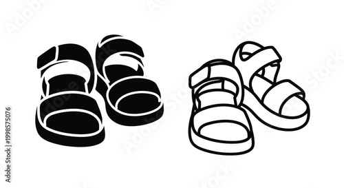 Two pairs of summer sandals depicted in a striking black silhouette