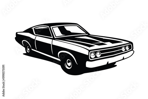 Vintage muscle car vector illustration, classic retro sports coupe silhouette, black and white automotive graphic for garage apparel and racing decals