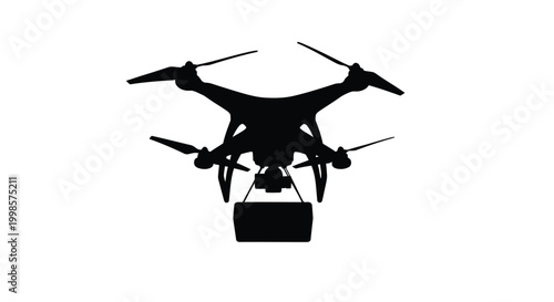A black drone carrying a package depicted as a striking silhouette