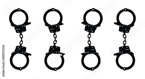 Photos Four pairs of black handcuffs displayed against a white background silhouette