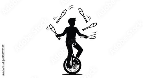 A juggler balances on a unicycle skillfully tossing clubs silhouette