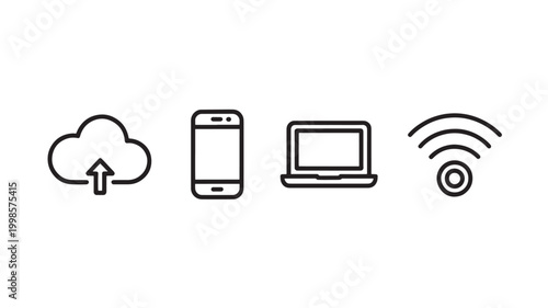 Technology Line Icon Set, Cloud Computing Mobile Laptop and Wi-Fi Connectivity Symbols for Digital Business