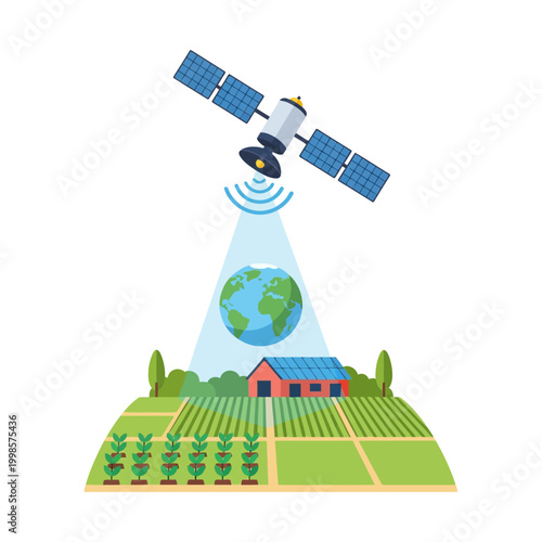 satellite monitoring agriculture and earth with solar panels vector illustration. Ideal for tech, environmental, and smart farming marketing materials.