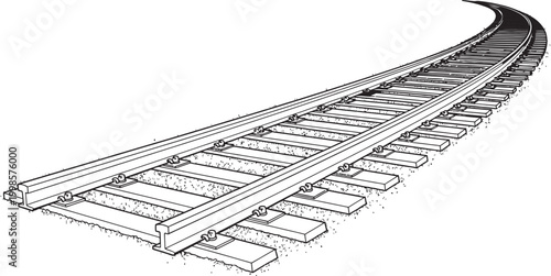 Curved railway tracks stretching into the distance, a black and white illustration