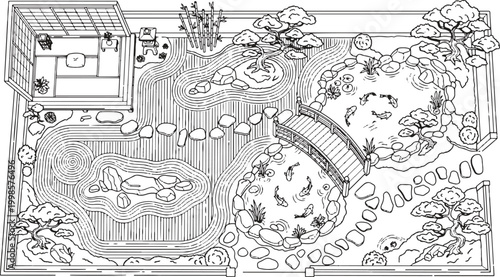Japanese Zen Garden Landscape with Koi Pond, Bonsai Trees, and Traditional Tea House Line Art Illustration