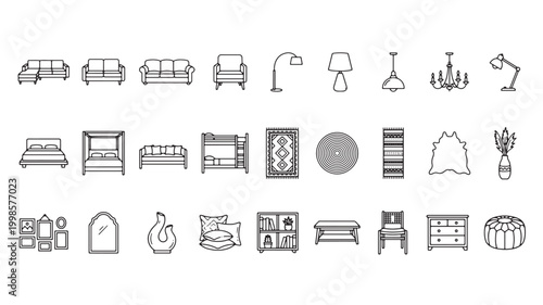 Furniture icons showcase a variety of interior design elements like sofas, lamps, rugs, and storage units.