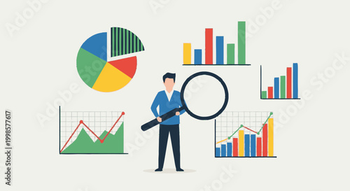 Businessman analyzing financial data charts with a large magnifying glass
