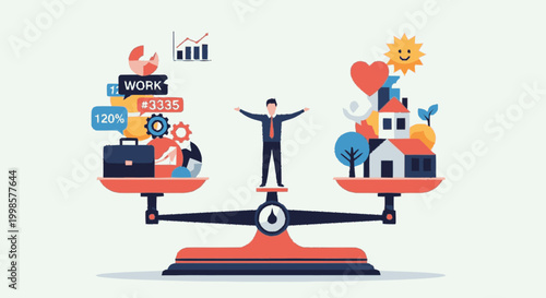 Businessman balancing work and personal life on large scale