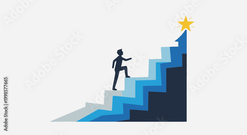 Businessman climbing blue arrow stairs towards a glowing star