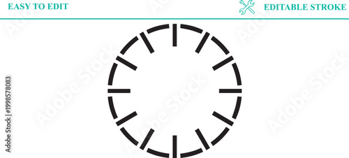 Abstract circular outline with radial line segments resembling clock face or timer with editable stroke and transparent background for creative graphic design purposes.