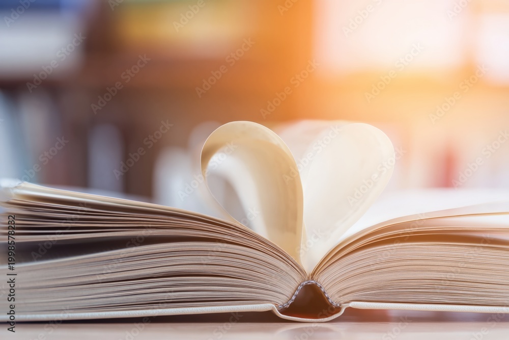 Fototapeta premium Open book with heart shaped pages on blurred background