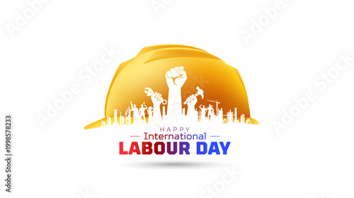 Happy International Labour Day, modern minimal text with a vector illustration of workers and a safety helmet.