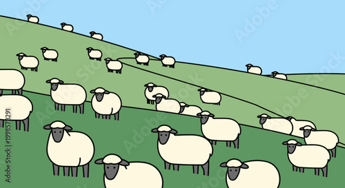 Cartoon sheep grazing on a green hillside under a blue sky