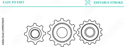 Set of three interlocking gears of different sizes symbolizing teamwork connection or mechanical systems in outline style for industrial or engineering concepts.